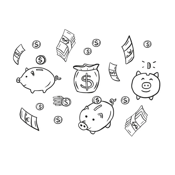 Pieniądze Monety Bazgroły Ilustracja Finansów Waluty Rysunek Stylu Szkicowym Piggy — Wektor stockowy