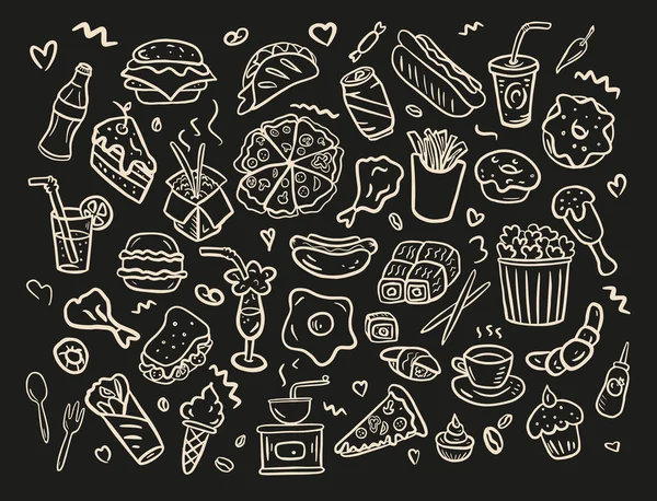 一组速食图标手绘在涂鸦样式中 矢量插图 不同类型的速食食品 黑色背景上的白线 — 图库矢量图片