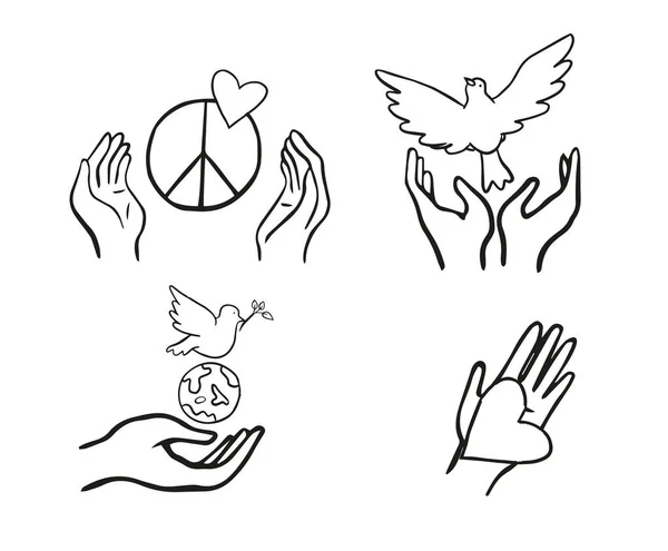 Symbols World Kindness Love Dove Carries Olive Branch Heart Hands — Stock Vector
