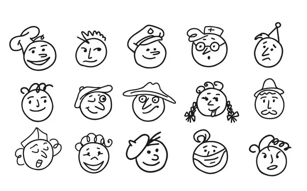 Collection Emoji Icons Drawn Doodle Style Vector Illustration Different Professions — Stock Vector