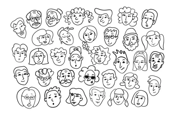 Set People Faces Hand Drawn Doodle Style Social Network Concept — Stock Vector