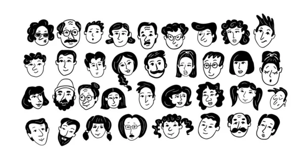 Set People Faces Hand Drawn Doodle Style Black Lines Silhuette — Stock Vector