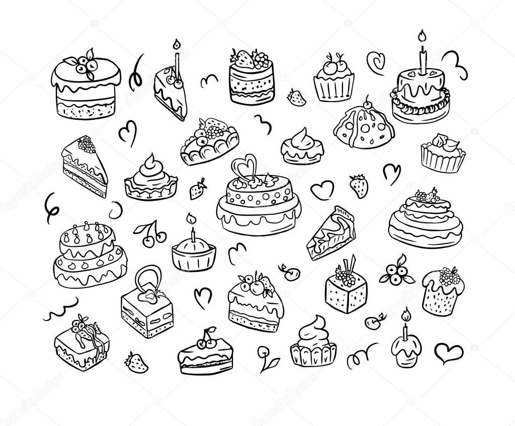 A large set of desserts, cakes, pies and pastries drawn in doodle.Vector illustration.Desserts for coffeeshope and cafe hand drawn.