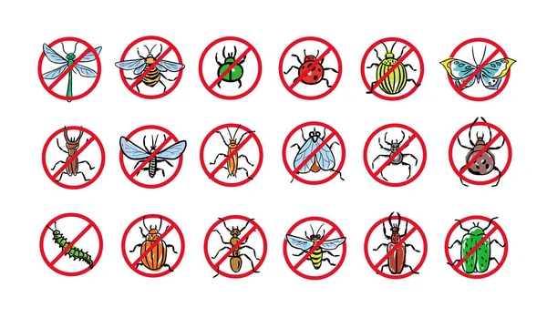 Conjunto Insectos Prohibidos Aislados Vector Hecho Mano — Vector de stock