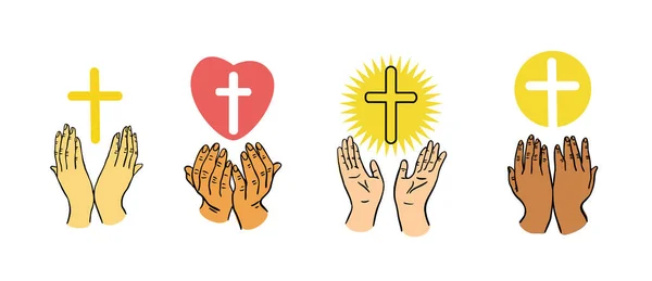 Haç Tutan Dua Eden Eller Farklı Ülkelerden Insanların Elleri Elleri — Stok Vektör