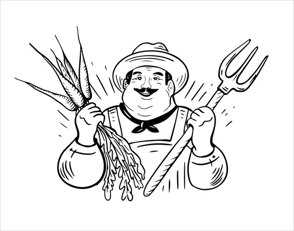 Agricultor Sorrindo Segurando Logotipo Cenoura Forquilha Vector Farmer Imagem Para — Vetor de Stock