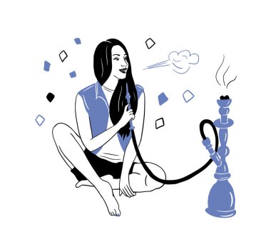 Kız oturuyor ve nargile içiyor. Kafe nargile barı. Vektör grafikleri.