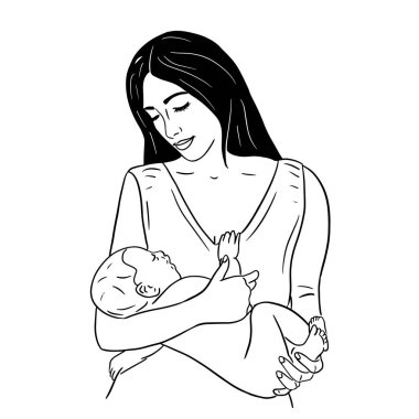 Anne kucağında yeni doğmuş bir çocuk taşıyor. Vektör çizimi..