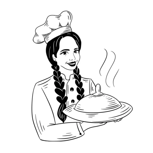 Köchin Köchin Mädchen Hält Ein Köstliches Gericht Ihren Hand Restaurant — Stockvektor