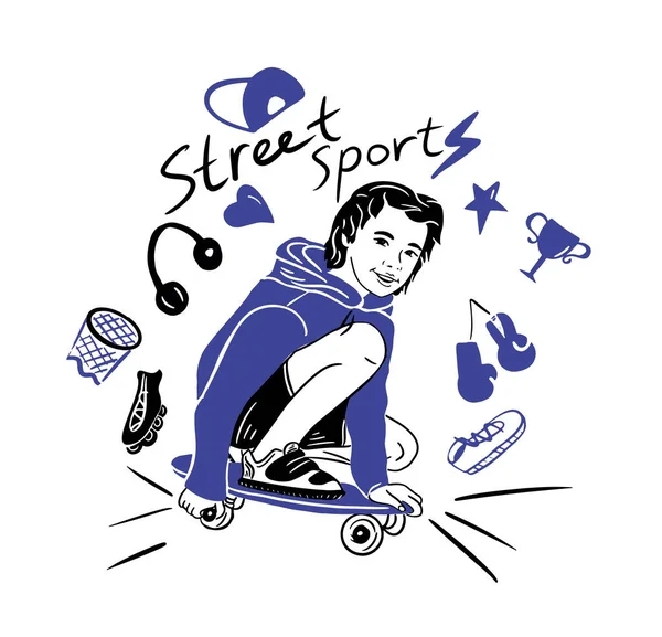 Tini Fiú Egy Gördeszka Street Sports Gördeszkázás Sport Tárgyak Set — Stock Vector