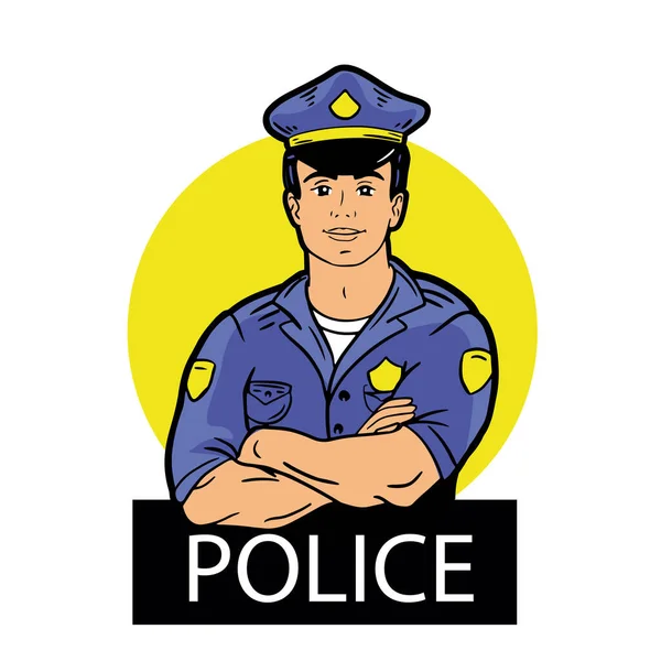 Логотип Полицейского Цветной Руке Нарисован Стиле Каракулей Желтом Фоне — стоковый вектор