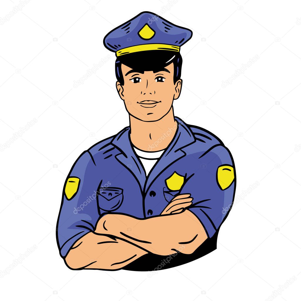 Cop emblem in hand drawn color in doodle style.Police sketch.Vector illustration.