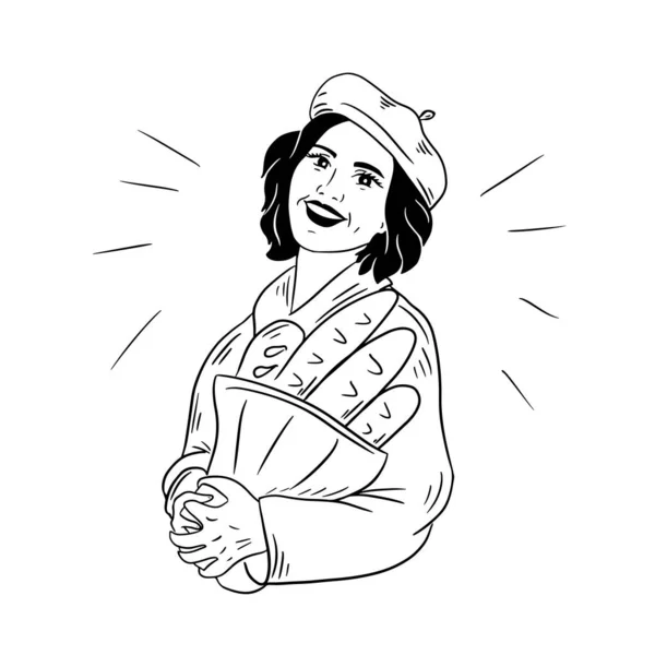 Girl Beret Palpably Holds French Bread Rolls Her Hands Vector — стоковый вектор