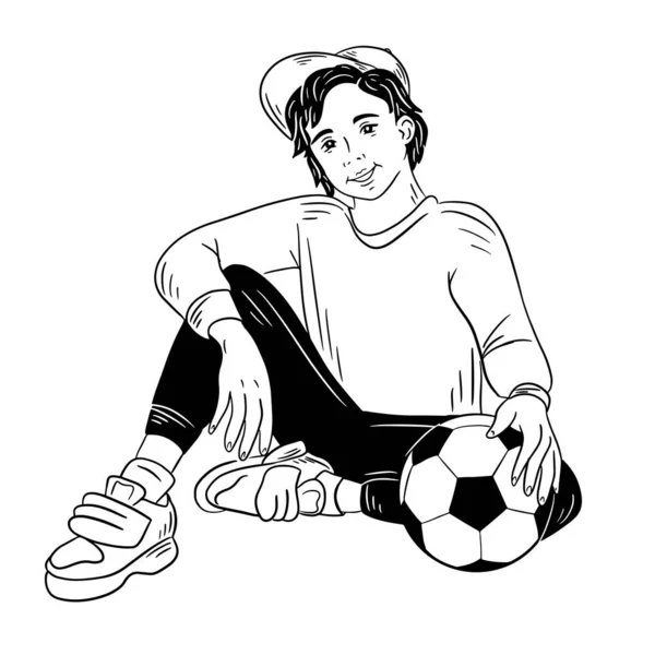Boy Sits Floor Holds Ball Football Vector Illustration — Archivo Imágenes Vectoriales