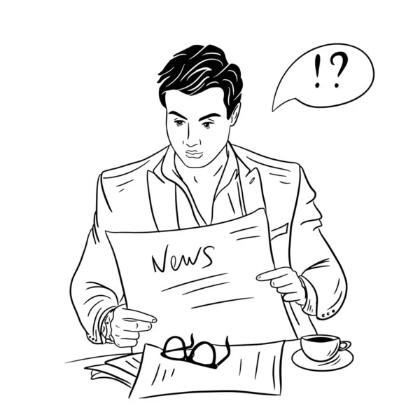 Businessman Reading Financial News Newspaper Doodle Hand Drawn Sketch Vector — Archivo Imágenes Vectoriales