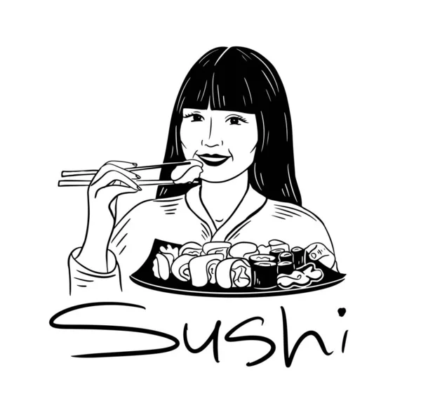 Uma Linda Garota Come Sushi Segura Prato Com Prato Japonês — Vetor de Stock