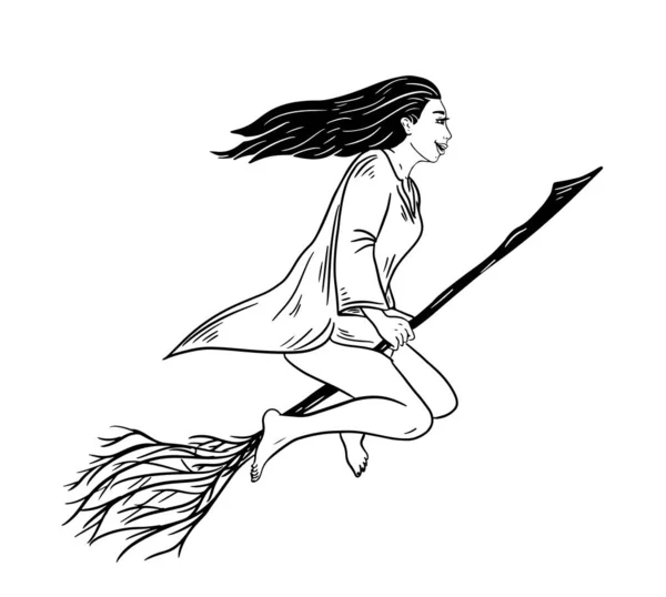 Witch Girl Flying Broomstick Hand Drawn Doodle Vector Illustration —  Vetores de Stock