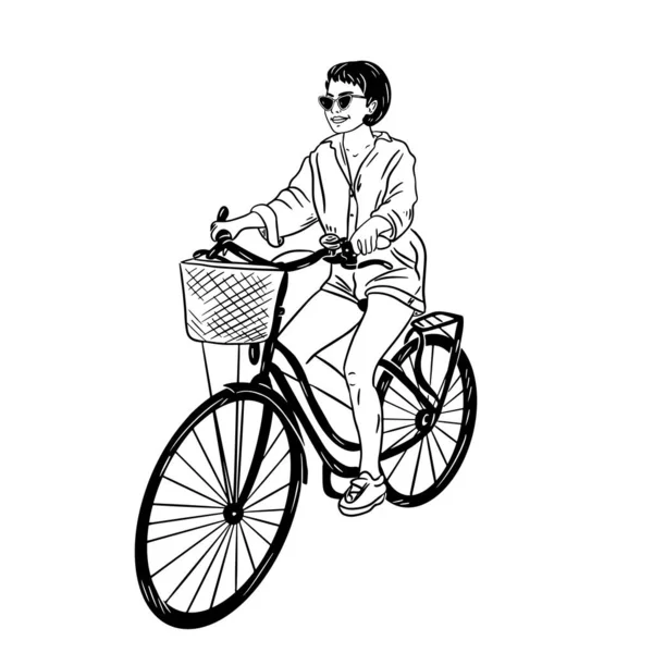 Menina Viaja Bicicleta Journey Viajando Ciclo Ilustração Vetorial — Vetor de Stock