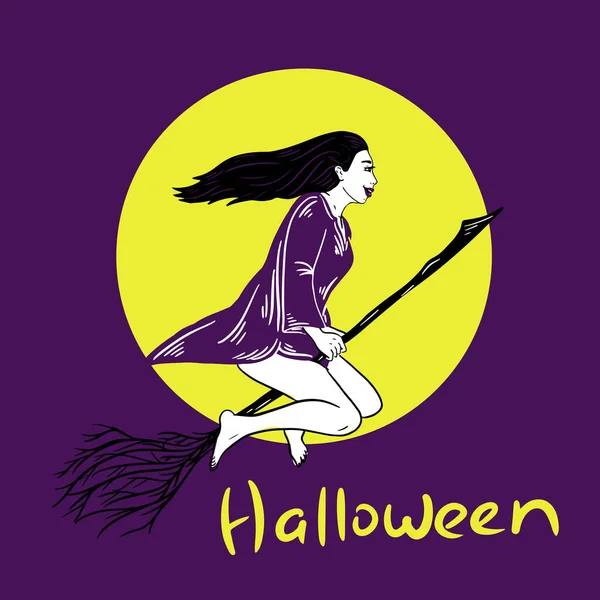Witch Girl Flying Broom Background Moon Halloween Vector Illustration — Stock Vector