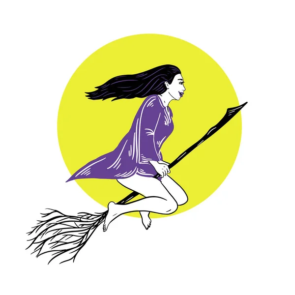 Witch Girl Flying Broom Background Moon Hand Drawn Color Doodle — Image vectorielle