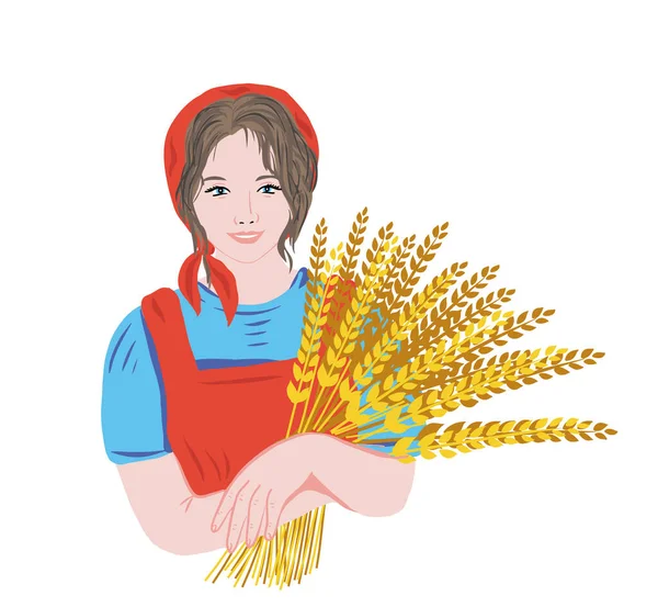 Eautiful Woman Farmer Holding Wheat Wheat Ears Hand Drawn Set — Stock vektor