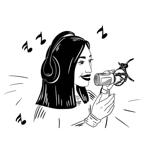 Девушка Наушниках Говорит Поет Микрофон Подкаст Шоу Радио Концепция Изолированный — стоковый вектор