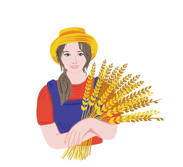 Farmářka Žena Drží Uši Pšenice Svých Rukách Ručně Kreslené Skice — Stockový vektor