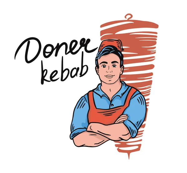 Hef Den Händen Gekreuzte Pose Auf Dönershawarma Background Happy Koch — Stockvektor