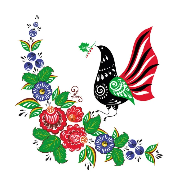 Oiseau Dans Jardin Fleurs Folklore Russe Peinture Gorodets Illustration Vectorielle — Image vectorielle