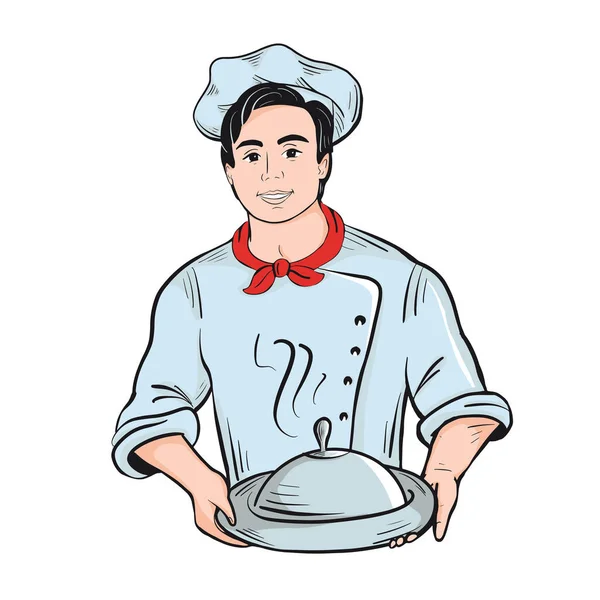 Smiling Young Chef Cook Holding Dish His Hands Color Sketch — стоковый вектор