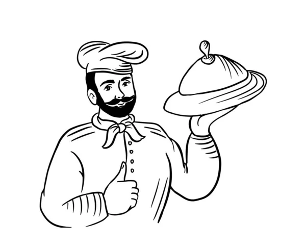 Smiling Chef Cook Beard Holding Dish Showing Thumbs Vector Illustration — Vetor de Stock