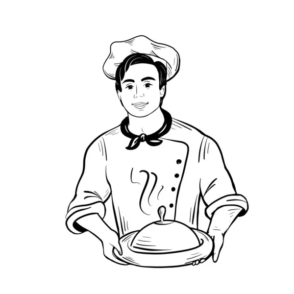 Young Chef Cook Holding Dish His Hands Vector Illustration — Stockvektor