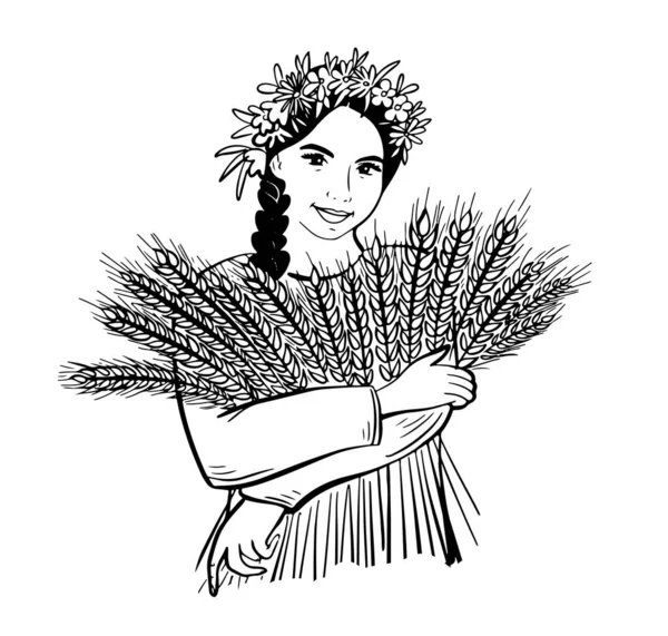 Girl Farmer Flower Wreath Her Head Holding Wheat Logo Vector — Stockvector