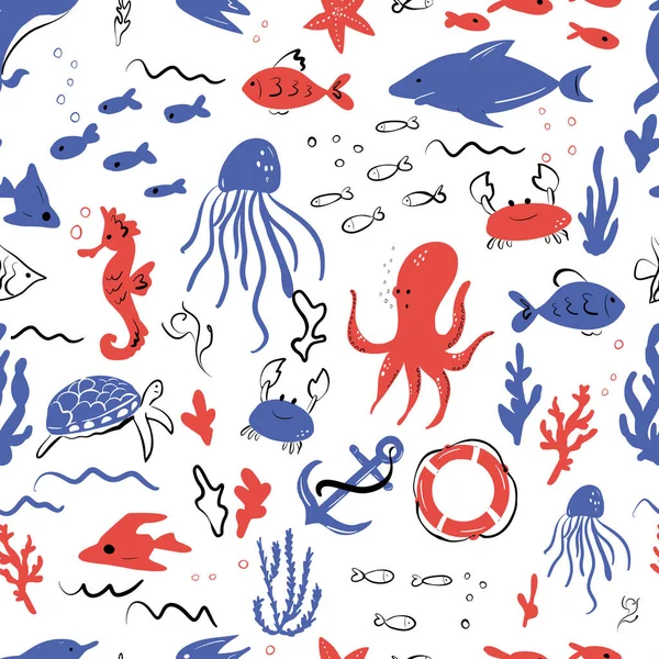 Cute Seamless Pattern Theme Marine Animals Hand Drawn Marine Life —  Vetores de Stock