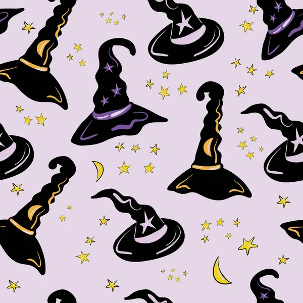 Halloween Star Witch Hat Seamless Pattern Vector Illustration — 스톡 벡터