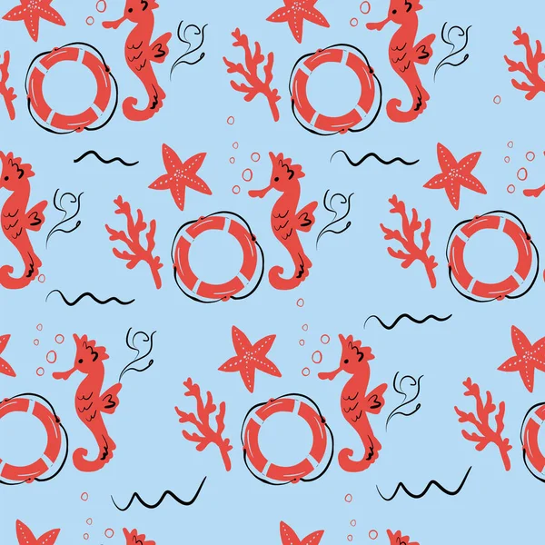 Seamless Pattern Seahorse Coral Starfish Sea Vector Illustration — 스톡 벡터