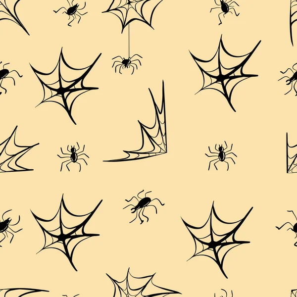 Seamless Pattern Cobwebs Spiders Beige Background Vector Illustration — Vettoriale Stock