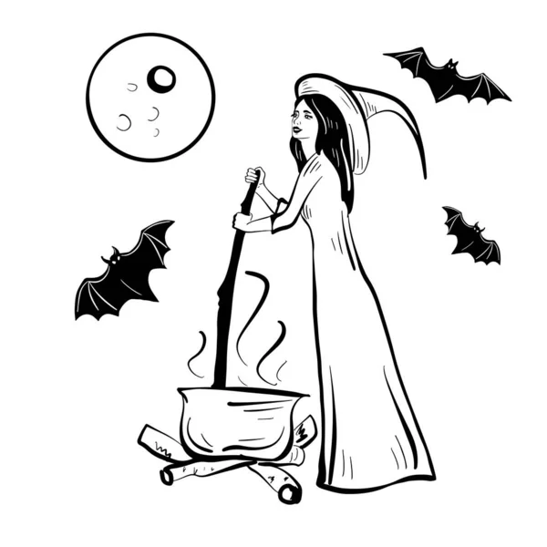 Witch Hat Coocking Potion Cauldron Halloween Vector Illustration — 스톡 벡터