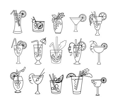 Thin line icons set of classic hand drawn alcoholic cocktails Collection of outline symbols. Vector illustration.