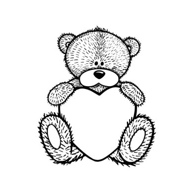 Teddy bear holding a heart in its paws. Hand drawn sketch of a children's toy.Vector illustration.