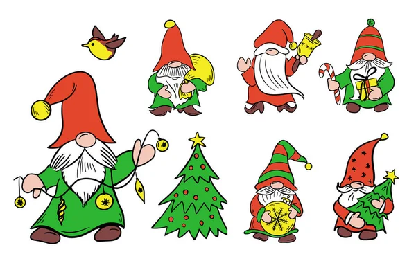 Ensemble Gnomes Mignons Pour Cartes Noël Elfes Avec Des Cadeaux — Image vectorielle