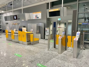 Frankfurt, Germany - April 23, 2022: Frankfurt International Airport is a major international airport. It serves as the main hub for Lufthansa. Boarding gate at the airport.