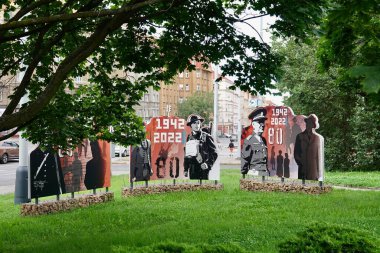 Prague, Czech Republic - July 13 2022: Festive commemoration of the anniversary of Operation Anthropoid in Prague, Zizkov in the park at the Na Ohrade crossroads. High quality photot