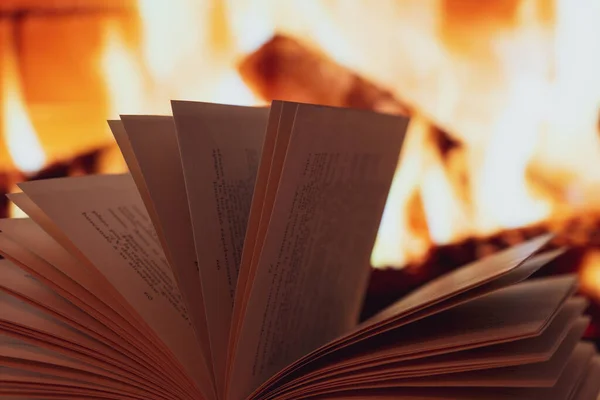 Pages Open Book Background Fireplace Lit — Stock Photo, Image