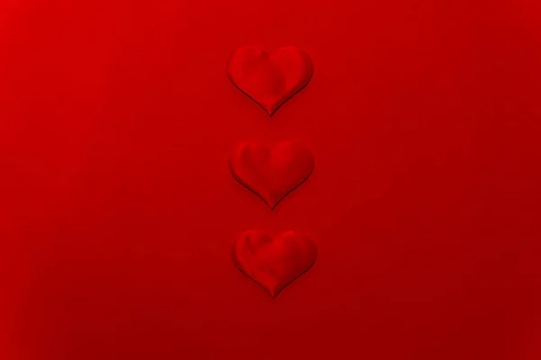 Three Hearts Center Red Background Copy Space Valentine Day — 스톡 사진