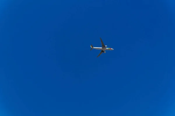 Πετώντας Αεροπλάνο Φωτογραφήθηκε Από Κάτω Στον Γαλάζιο Ουρανό — Φωτογραφία Αρχείου
