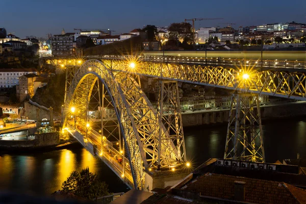Typical Porto Landscape Don Luis Bridge Illuminated Dusk — Stock Photo, Image