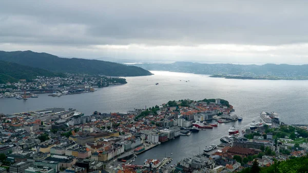 View from the viewpoint to the city of Bergen where you can see the houses and the fjord