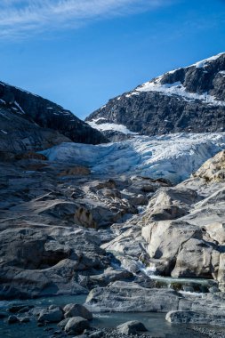 Part of the Nigardsbreen glacier surrounded by high snow capped mountains