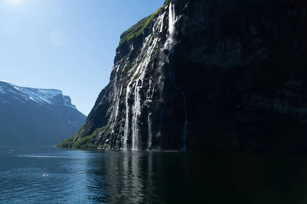 Famous Seven Sisters Waterfall Sliding Cliff Geirangerfjord Sunny Day Snow — Foto Stock